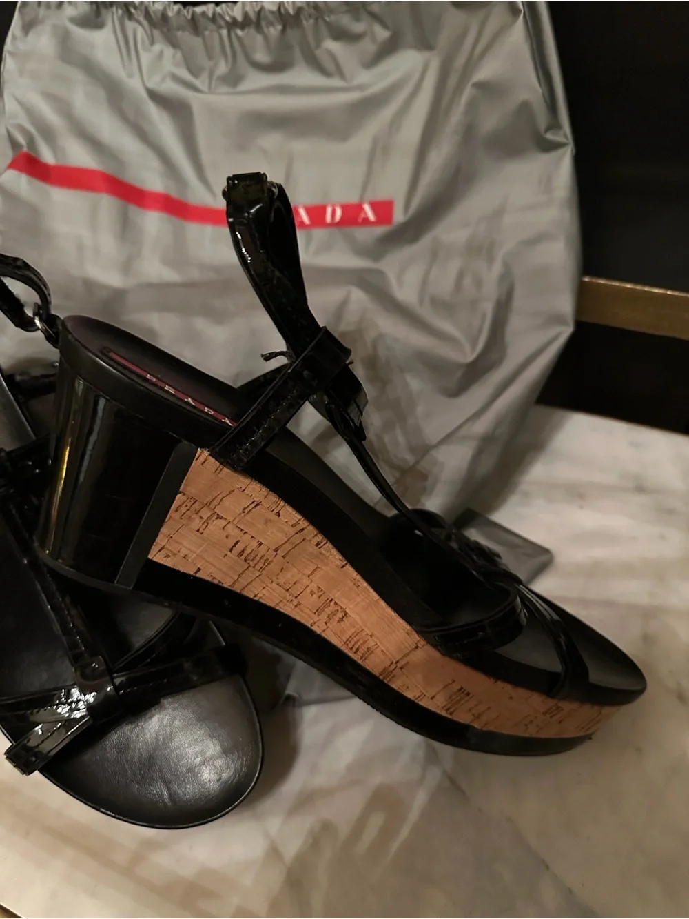 Prada Black Patent Leather Cork-Wedge Sandals